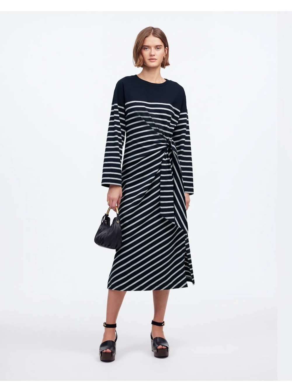 Madewell $118 Pull Over Side-Tie Knit Maxi Dress in Stripe Dark Navy Size M NEW